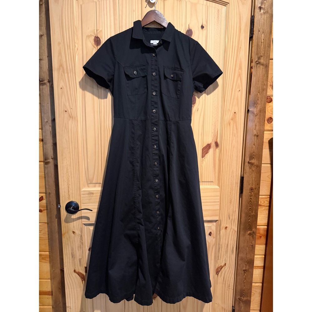 J. Jill Black Cotton Short Sleeve Button Front Midi Shirt Dress Womens Small